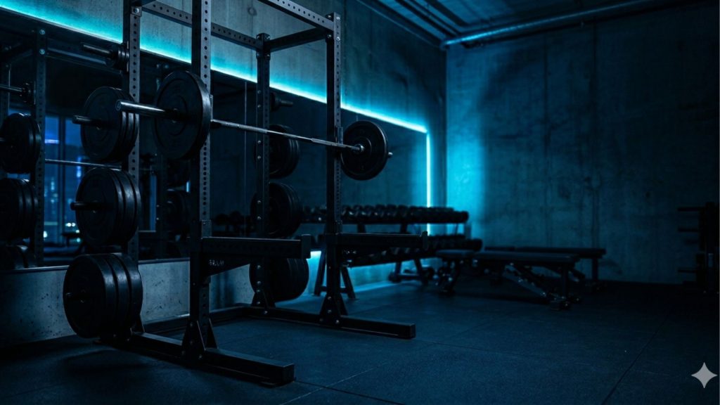 Custom AI workout generator hero background showing premium gym squat rack